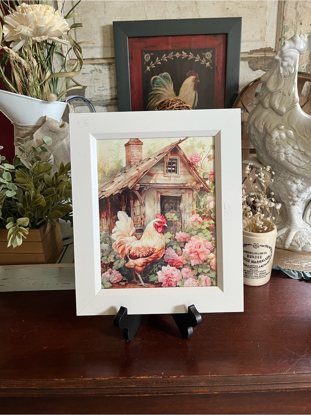 Hobby Lobby White Framed Rooster Art Print with Pink Floral Accents - Picture 5 of 13
